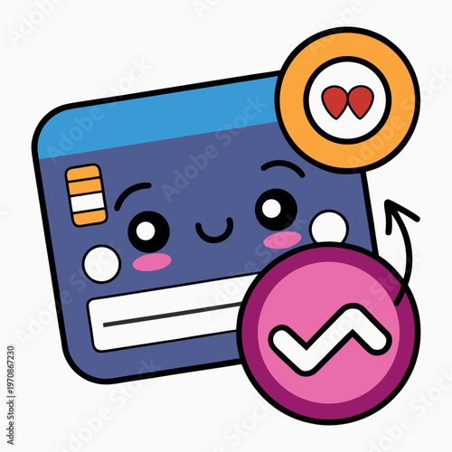 Cartoon credit card with smiling face and social media notification icons for likes and messaging on white background