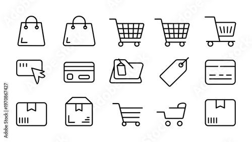 Minimal Shopping Bag Line Icon Set Online Purchase and Retail Symbols