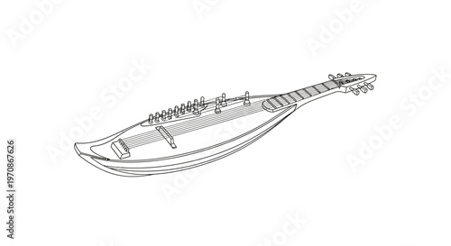 Hand-drawn illustration of a Sarangi, a traditional Indian string instrument