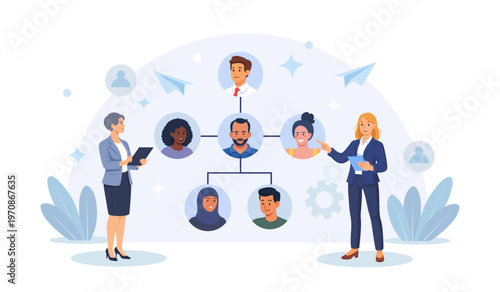 Teamwork concept. HR manager building team to create strategic advantage. Recruitment and job management. Recruiter organizes diverse team. Reorganization or change team structure for efficiency