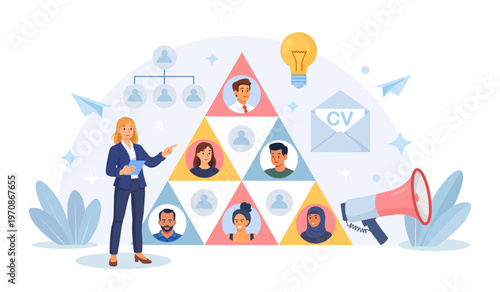 Teamwork concept. HR manager building team to create strategic advantage. Recruitment and job management. Recruiter organizes diverse team, putting puzzles from employee portraits into pyramid