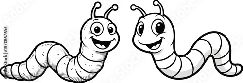 cute cartoon worms smiling illustration black and white vector characters isolated on background playful kids design adorable insects line art