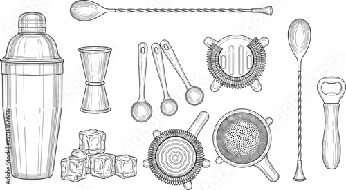 Vintage bar tools engraving set, cocktail shaker, strainer, jigger, spoon and accessories, hand drawn illustration, bartending equipment collection, retro style