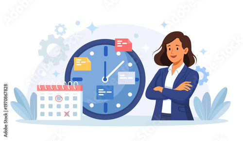 Strategic time management, smart workflow efficiency. Business person scheduling tasks. Multitasking employee. Managing your time and tasks for success. Vector flat illustration