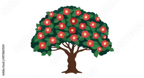 Stylized Illustration of a Camellia Tree with Red Flowers