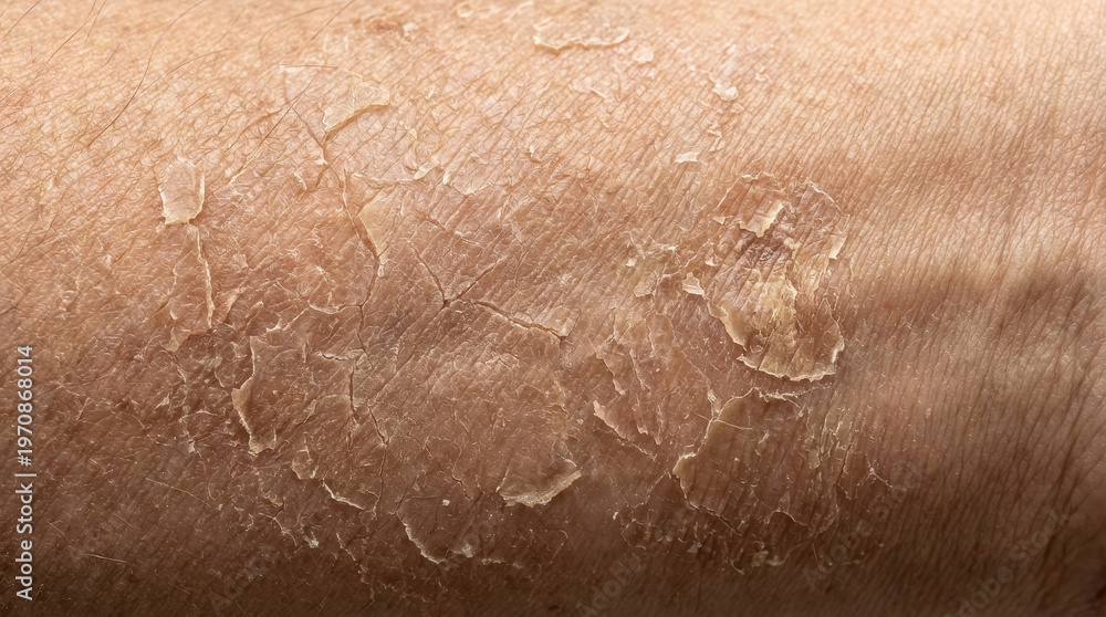 Fototapeta premium Dry skin peeling flaking cracked closeup texture uv damage layers