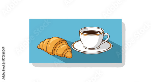 Fresh Croissant and Hot Coffee Cup on Blue Background, Morning Breakfast Concept
