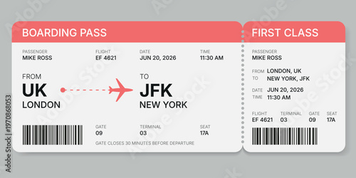 Boarding Pass Template with Barcode. Flat Vector Airline Ticket in Coral 