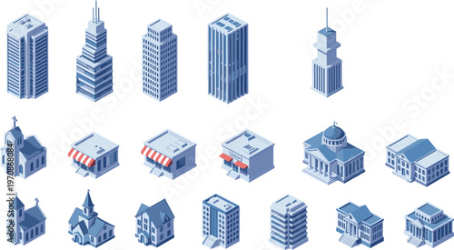 Isometric building icons set, urban architecture collection, skyscrapers, houses, shops and public buildings, 3D vector illustration, city design elements pack