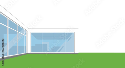 A modern white building with expansive glass windows and a green lawn is shown from a corner perspective on a white background.