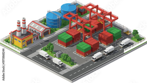 Isometric industrial port logistics terminal, cargo containers, cranes, trucks and factory, shipping yard concept, 3D vector illustration, transportation infrastructure design