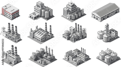 Isometric industrial factory set, power plants, warehouses and processing facilities, manufacturing infrastructure concept, 3D vector illustration, heavy industry design collection