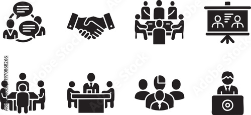 Business Meeting and Corporate Teamwork Icon Set with Handshake Presentation and Office Collaboration