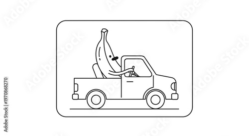 Funny banana character driving a pickup truck, cartoon style, isolated on white background