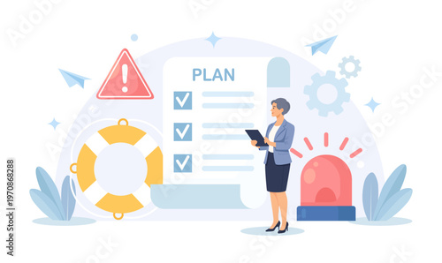 Risk assessment, management. Identifying hazards, financial safeguarding, planning mitigation strategies. Ensuring project security. Analyst with checklist and caution signs solving business problems