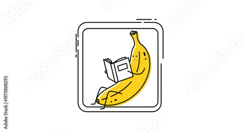 Funny banana character reading a book inside a square frame, cartoon style