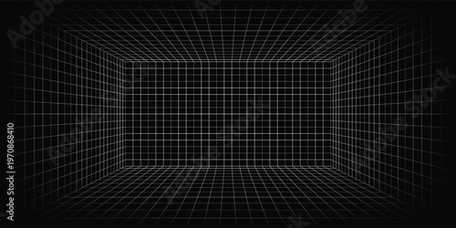 Futuristic perspective grid box. Abstract wireframe with white grid line on black background. Virtual reality landscape in 80s 90s digital style. Vector