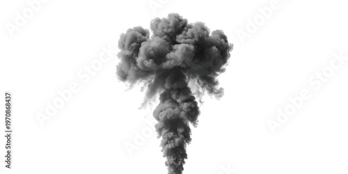 A massive plume of dark grey smoke rising upward against a clean and bright white background area isolated on white background, Vector, illustration