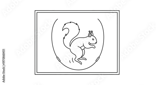 Cute Squirrel Running in Exercise Wheel, Line Art Illustration