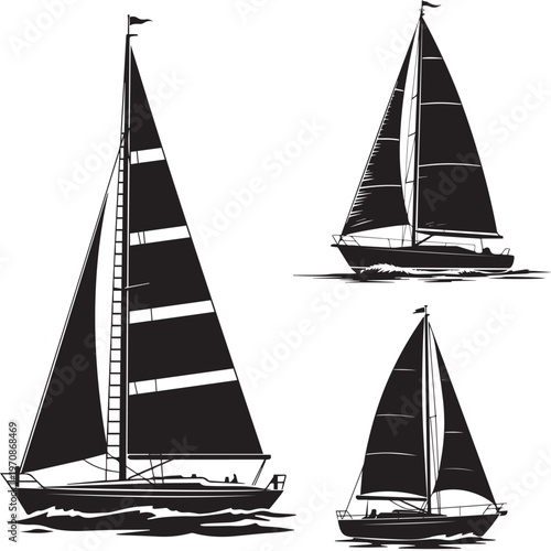 Set of Luxury Sailing Yacht Silhouettes on the Ocean.