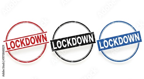 Lockdown Stamps - Red, Black, and Blue Circle Badges on White Background