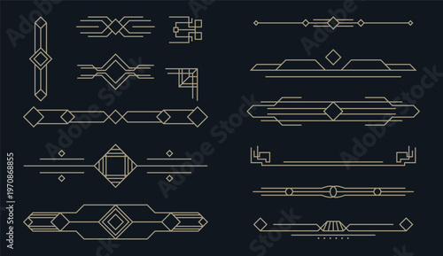 Art Deco geometric divider set with gold linear ornaments and vintage borders | Luxury 1920s Gatsby style decorative elements, gold vector line art dividers and corner frames on dark background