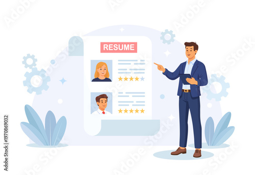 Headhunting and recruiting. Resume and curriculum vitae on background. Hr manager analyzes applicant profiles for job hiring recruitment processes. Ranking candidates at vacancy. Vector illustration