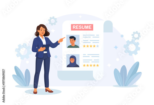Headhunting and recruiting. Resume and curriculum vitae on background. Hr manager analyzes applicant profiles for job hiring recruitment processes. Ranking candidates at vacancy. Vector illustration