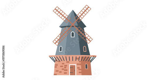 Illustration of a traditional dutch windmill with a brick base and gray roof on a white background