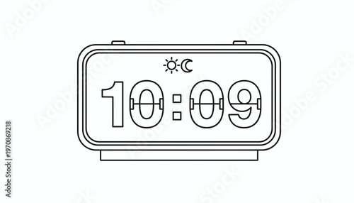 Digital Alarm Clock Displaying 10:09 with Sun and Moon Icons, Black and White Outline