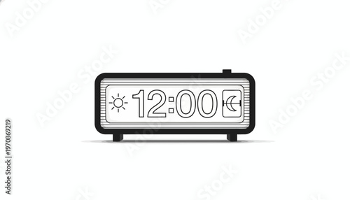 Digital Alarm Clock Showing 12:00 with Sun and Moon Icons, Minimalist Design