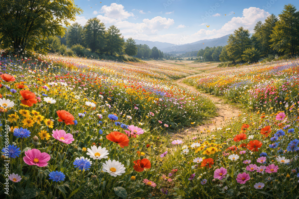 Obraz premium A vibrant field of colorful wildflowers under a blue sky.