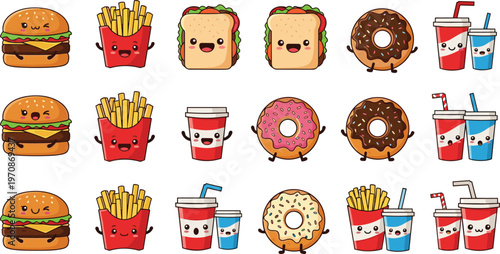 Set of Cute and Fun Fast Food Icons, Including Burgers, Fries, Sandwiches, Donuts, and Soft Drinks with Smiling Faces