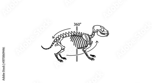 Dog skeleton rotating 360 degrees, anatomical illustration, educational concept