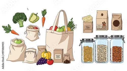 Various healthy food items and reusable bags for organic groceries, fresh vegetables and fruits for mindful shopping, with jars of grains and seeds