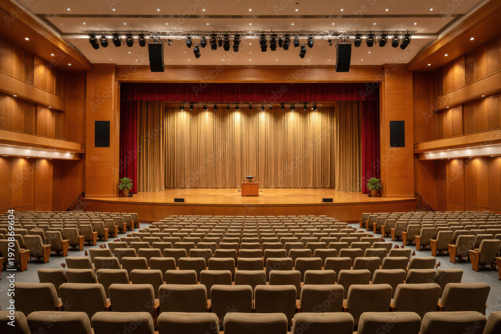 Naklejka premium Interior view of a spacious auditorium with empty seats and a stage.