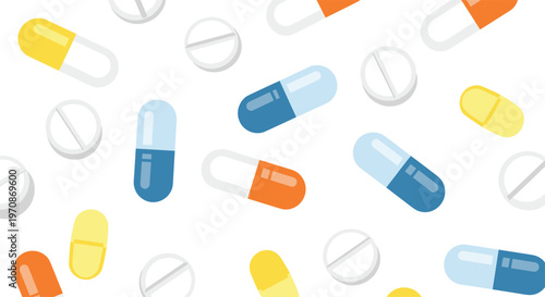 A diverse assortment of yellow, orange, blue, and white pharmaceutical pills and capsules are randomly scattered across a clean white surface.