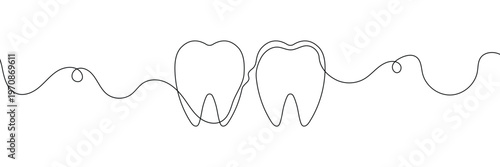 Continuous single line art of teeth and love shape, perfect for minimalist vector illustrations. Teeth and love shape illustration in single line art style, ideal for modern graphic designs.