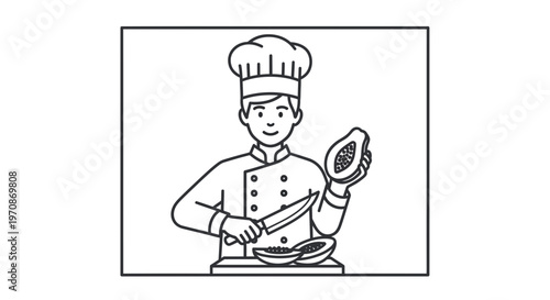 Chef cutting papaya fruit in kitchen, healthy food preparation, culinary art, fresh ingredients