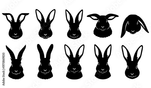 Black rabbit head silhouettes collection minimalist vector set