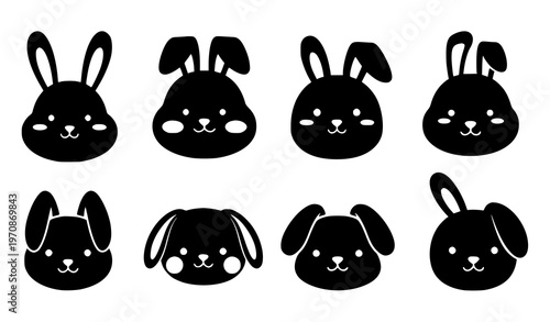 Cute rabbit head silhouettes collection simple vector set