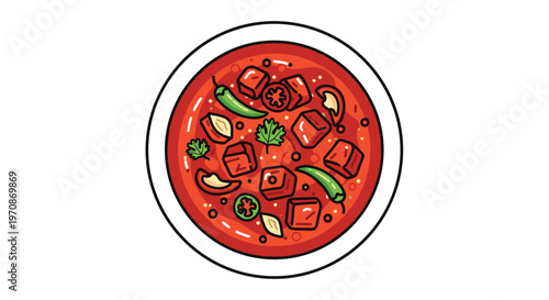 A vibrant red Indian curry, rich with paneer cubes, green chilies, and fresh cilantro, is presented in a white bowl with a black rim against a plain white background.