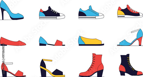 Women shoes collection with heels sneakers boots and flats fashion footwear vector illustration set isolated design