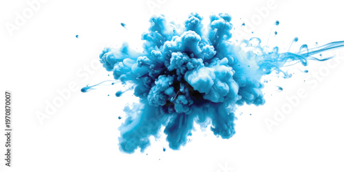 A vivid explosion of bright blue pigment powder captured in mid-air against a stark white backdrop  Vector, illustration