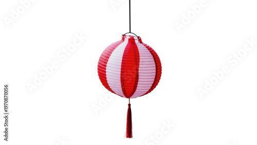 Photos Red pink striped paper lantern hanging, adorned with a long red tassel