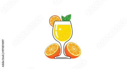 A vibrant flat vector illustration showcases a full glass of orange juice garnished with a slice and mint leaves, flanked by two orange halves.