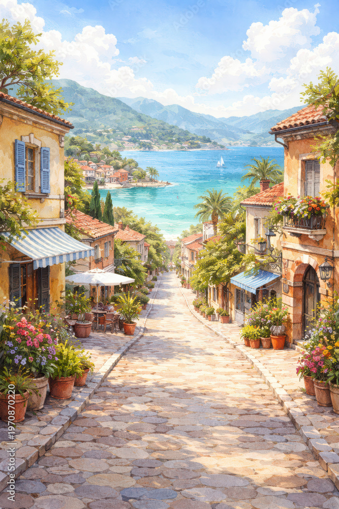 Fototapeta premium Scenic coastal street with colorful buildings and lush greenery.