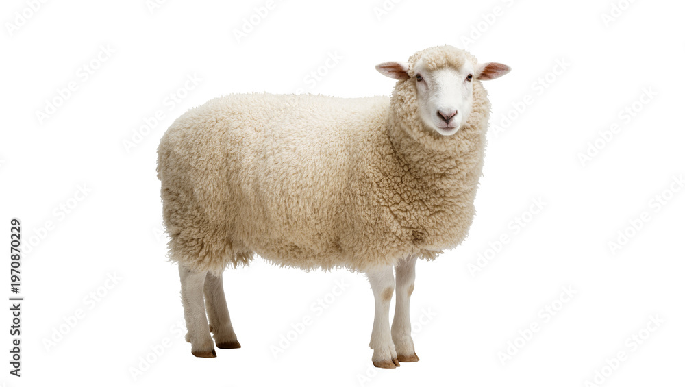 Obraz premium Fluffy cream-colored sheep standing, gazing forward with pink nose