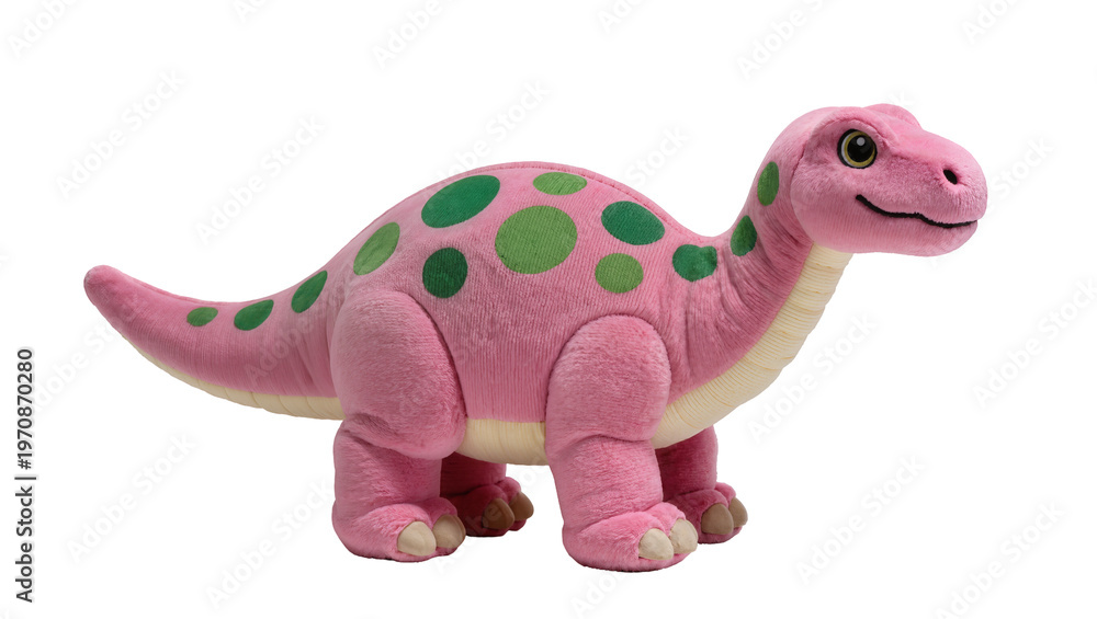 Naklejka premium Plush pink dinosaur toy, displaying green polka dots and soft texture