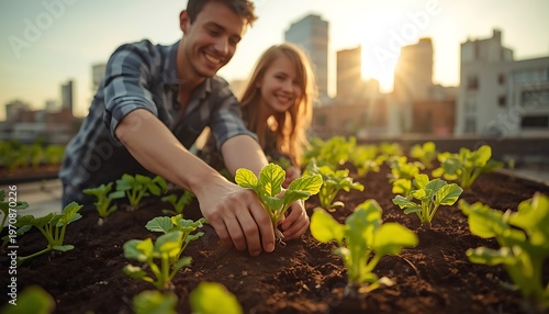 Young couple tending to their urban rooftop garden, nurturing fresh greens under the warm glow of the setting sun